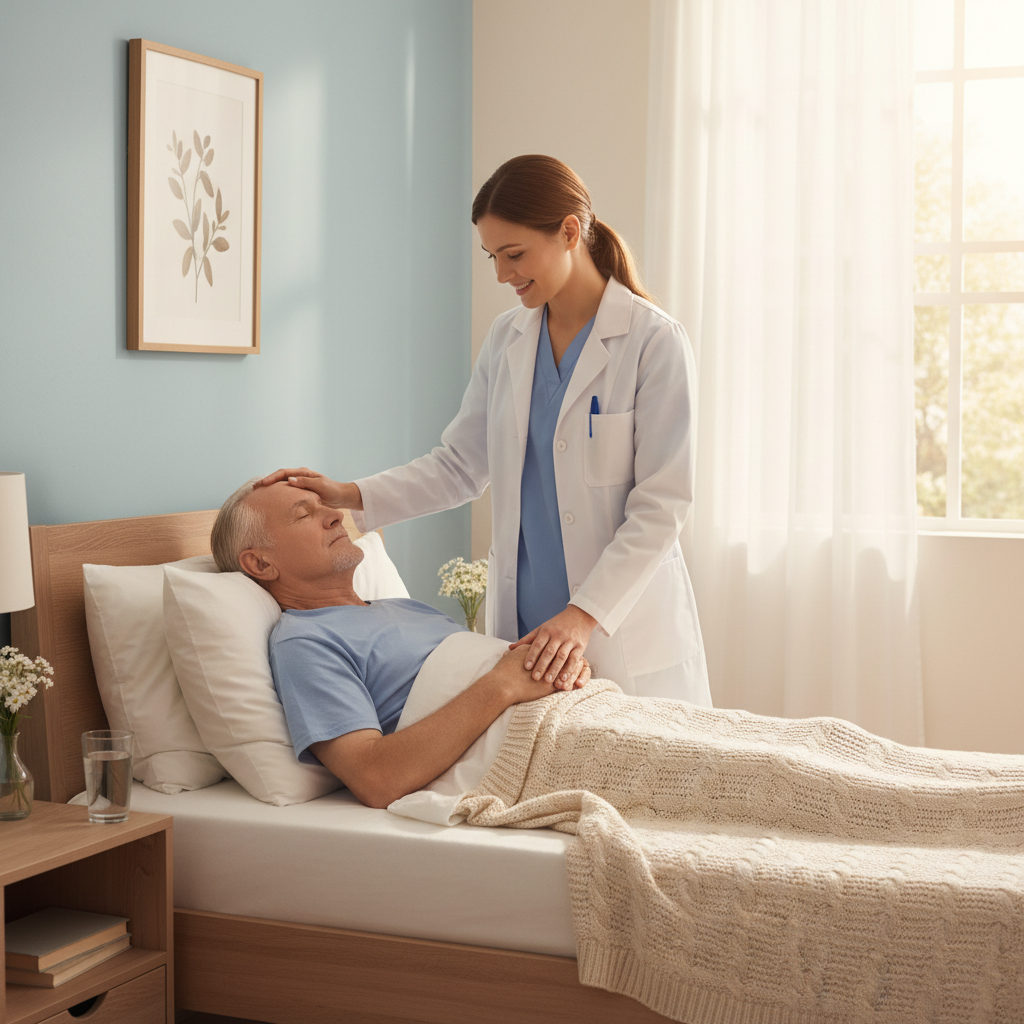 sick patient in bed with caregiver
